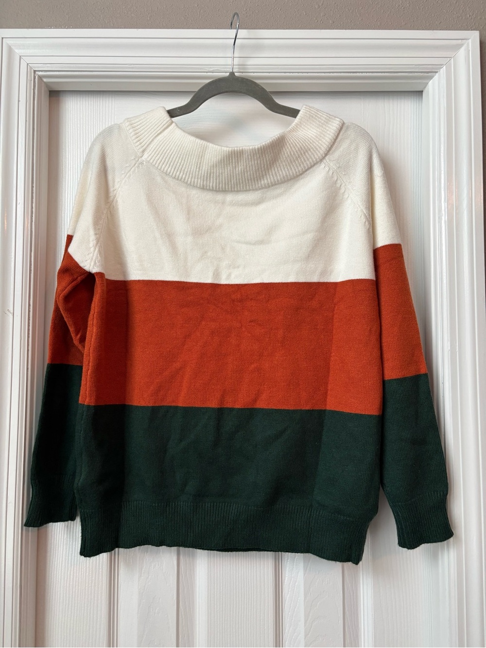 Colorblock Boatneck Sweater - Cream, Rust, Forest Green
